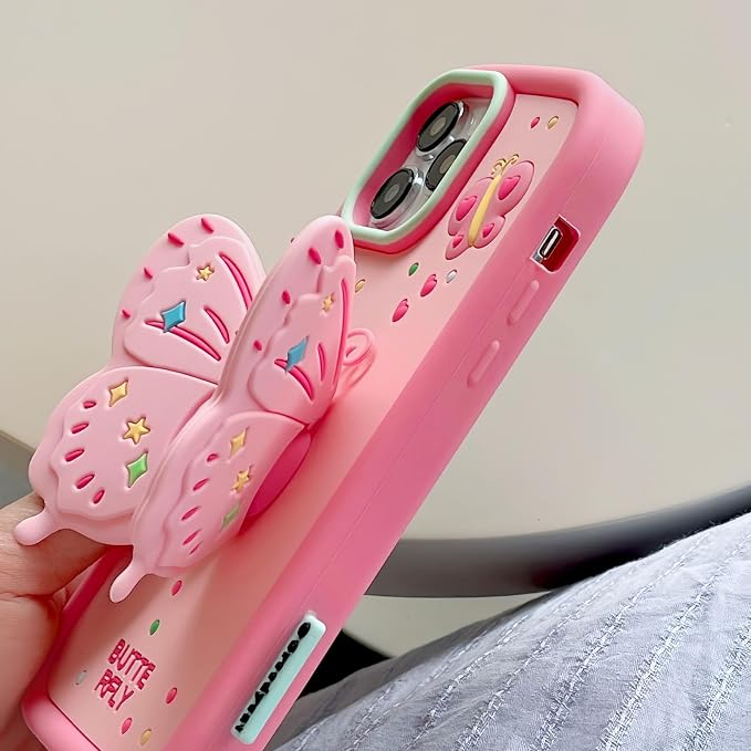 Kawaii Phone Case for iPhone 12 Promax with Kickstand 3D Cute Sweet Butterfly Silicone Protective Case Cover for Women & Girl