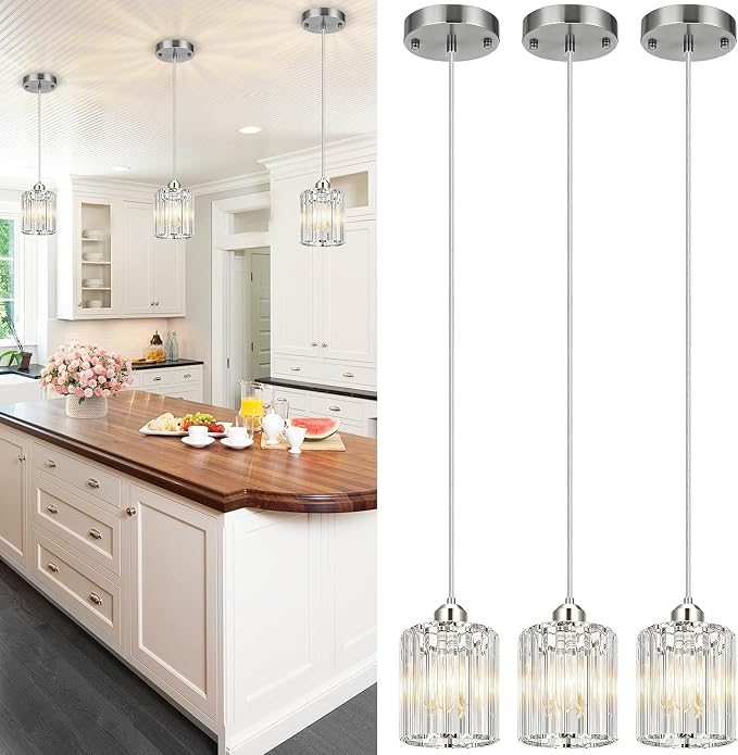 3 Pack Pendant Lights Kitchen Island Brushed Nickel Pendant Light | Crystal Pendant Light, Easy Install, Adjustable Height, E26 Base, for Kitchen Island, Dining Table, Entryway, Restaurant