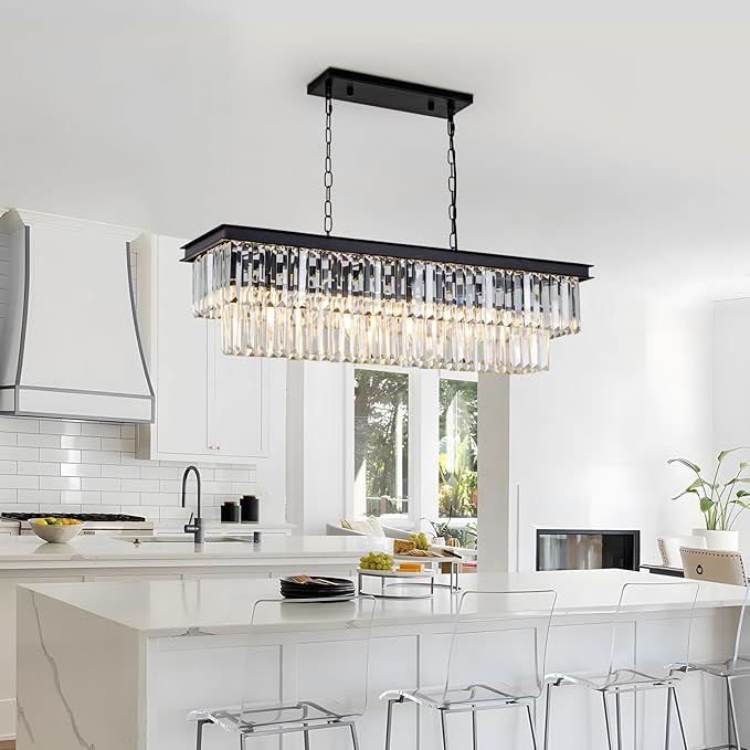 Black Crystal Chandelier for Dining Room Light Fixture Rectangle Modern Farmhouse Chandelier Contemporary Pendant for Kitchen Island Living Room Long Chandelier Rectangular Lighting