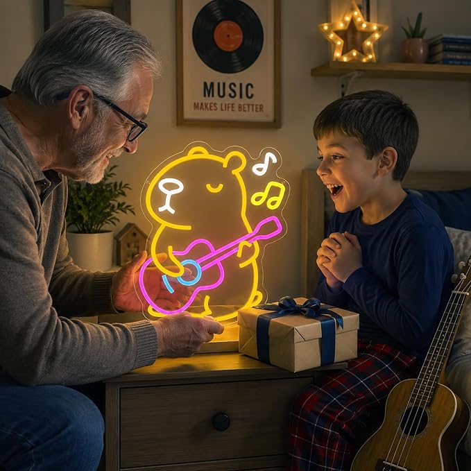 Capybara Neon Sign Animal Neon Light LED Neon Capybara Light for Wall Decor | Dimmable Capybara Neon Light with Guitar Design for Kids Bedroom Party Decor Birthday Gift for Children and Capybara Lovers
