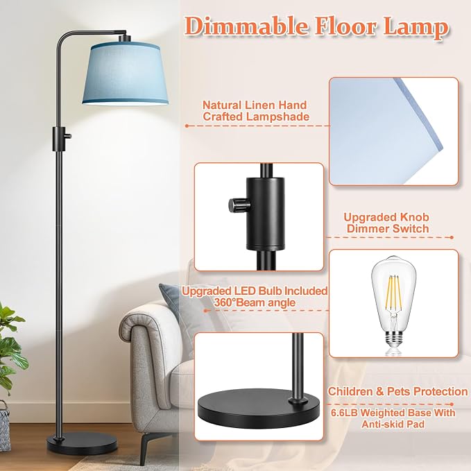 【Upgraded】 Dimmable Black Floor Lamp, 1000 Lumens LED Edison Bulb Included, Arc Black Floor Lamps for Living Room Modern Standing Lamp with Sky Blue Shade, Tall Lamps for Living Room Bedroom Office
