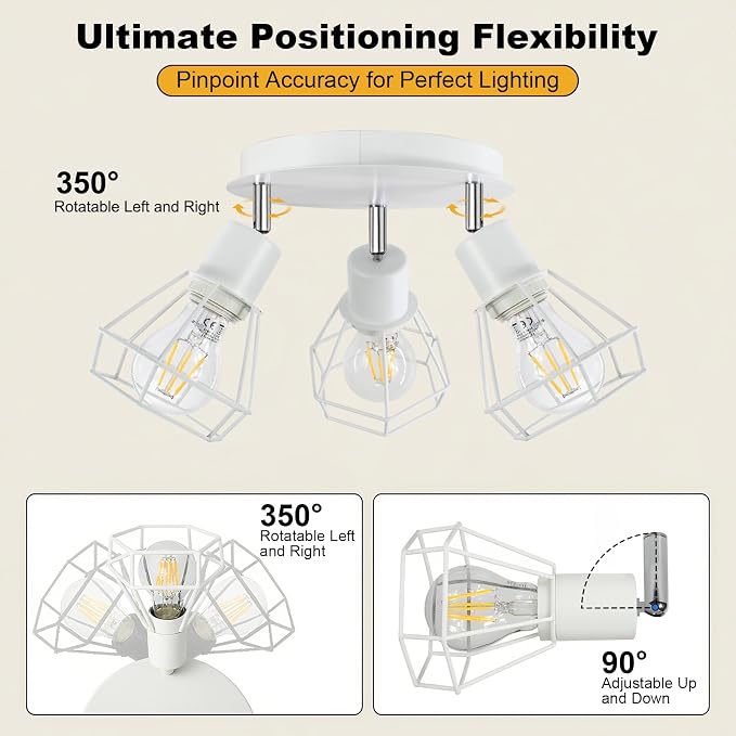 HiBay 3-Light Ceiling Track Lighting Fxiture White, Modern Spotlight, E26 | Rotatable 3 heads with farmhouse metal cage shade for kitchen bedroom dining room, bulb not included