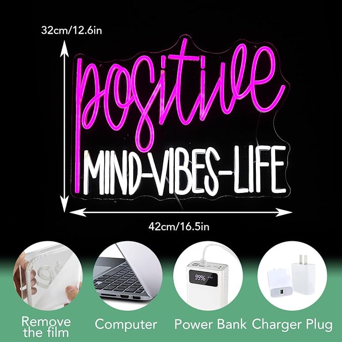 Positive Mind Vibes Life Neon Sign Pink White LED Neon Light for Wall Decor Dimmable Positive Light Up Sign for Classroon Office Girls Living Room Home Bar Club Salon (16.5''*12.6'')