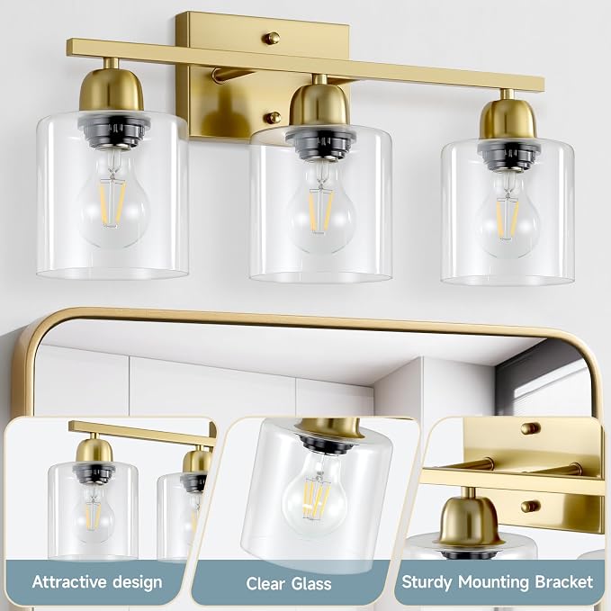 Modern Brushed Gold 3 Light Bathroom Light Fixtures, 19 inch Vanity Lights for Bathroom with Clear Glass, Bathroom Lighting Fixtures Over Mirror for Mirror Kitchen Living Room