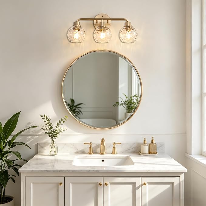 Bathroom Light Fixtures Gold Vanity Light 3 Light Brushed Brass | Wall Sconces Lighting with Hammered Globe Glass Shades Bath Wall Lamp for Mirror Living Room Bedroom Hallway