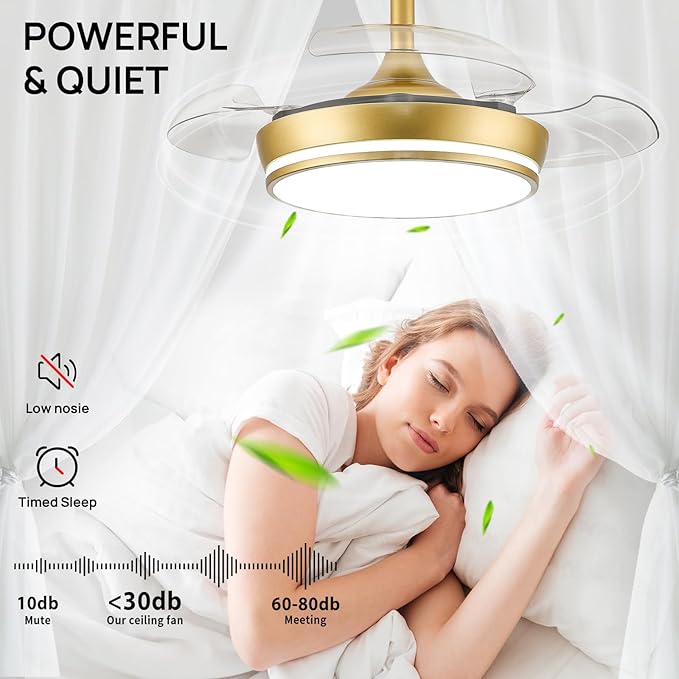 STERREN 30" Retractable Ceiling Fans with Lights, Dimmable LED Ceiling Fan Remote Control, Modern Small Fan Light for Bedroom Living Room Dinning Room Kitchen, 3000K-6500K, 6 Speed (Golden)