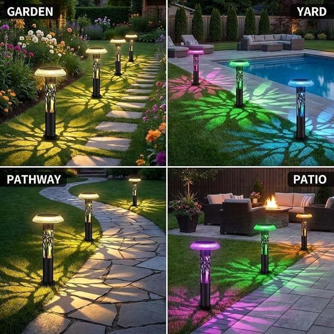 Eyrosa Solar Pathway Lights, Large Outdoor Garden Decor Stainless Steel Lights with Elegant Pattern, Dual-Zone Lighting, 8 Color Modes, IP55 Waterproof Landscape Lighting for Yard Walkway, 6 Pack
