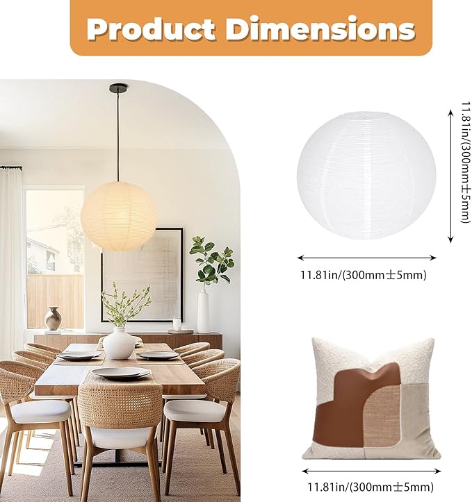 White Round Paper Lantern Lampshades set of 2, 12"x12'' Small Paper Lanterns Pendant Light Shades, Chinese Foldable Design for Living Room, Bedroom, Ceiling Lampshade Party Decor