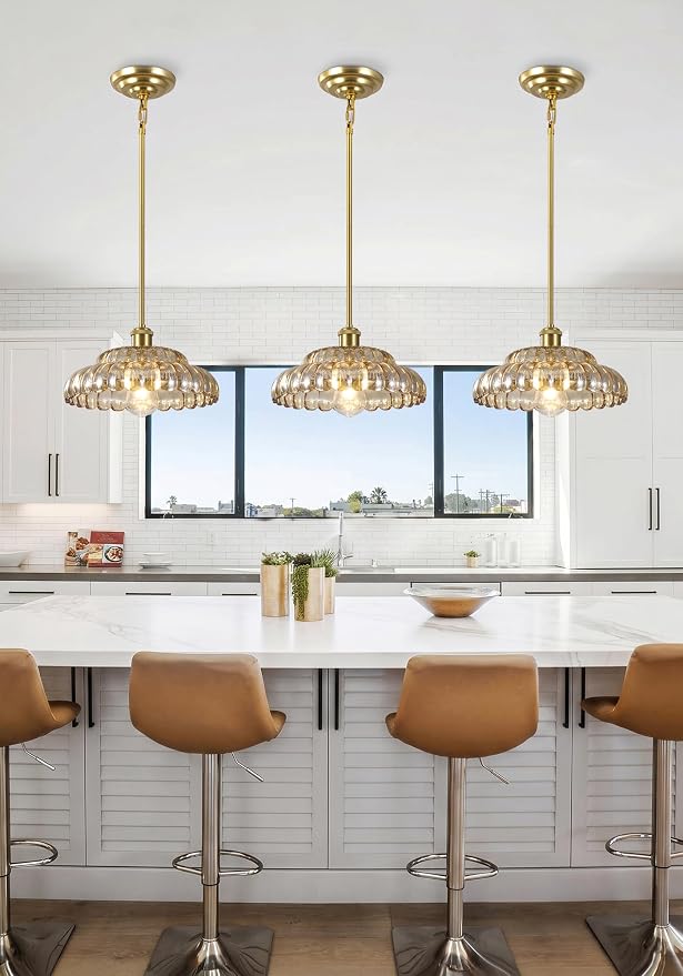 Gold Pendant Light with Glass Shade, Vintage Floral Glass Pendant Lamp for Kitchen Island, Adjustable Hanging Rods Sloped Ceiling Compatible, Living Room Bedroom Hotel-Amber