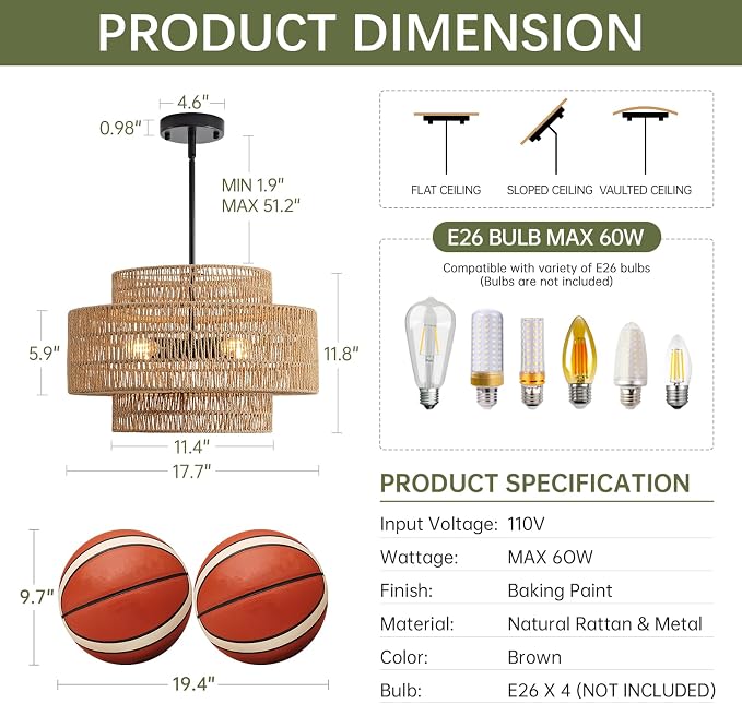 4-Light Boho Rattan Chandelier for Dining Room Light Fixture, 17.7” Black Rustic Pendant Light Farmhouse Hand Woven Wicker Light Fixture for Kitchen Island, Living Room, Bedroom