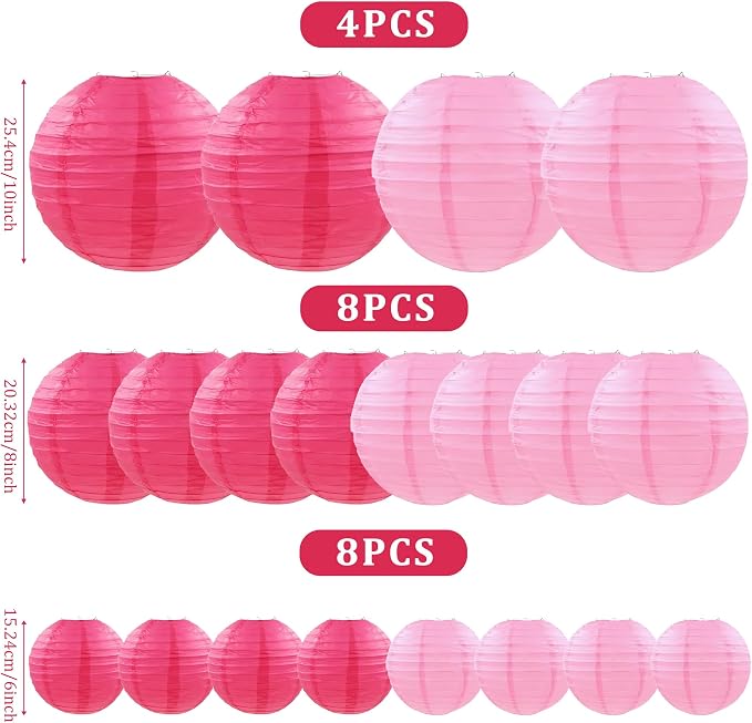 20Pcs Paper Lanterns Decorative, Pink Hanging Lanterns for Bridal Shower | 6"8"10" Hot Pink and Light Pink Round Paper Lanterns Decorations for Wedding Engagement Birthday Rustic Party Home Decor