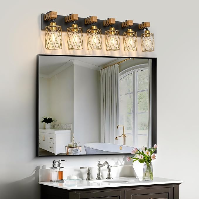 IZORRO Farmhouse Bathroom Vanity Light, 6-Light Wood Bathroom Light Fixtures Over Mirror, Black and Gold Industrial Vanity Lights with Metal Shade, Rustic Restroom Lighting Fixtures