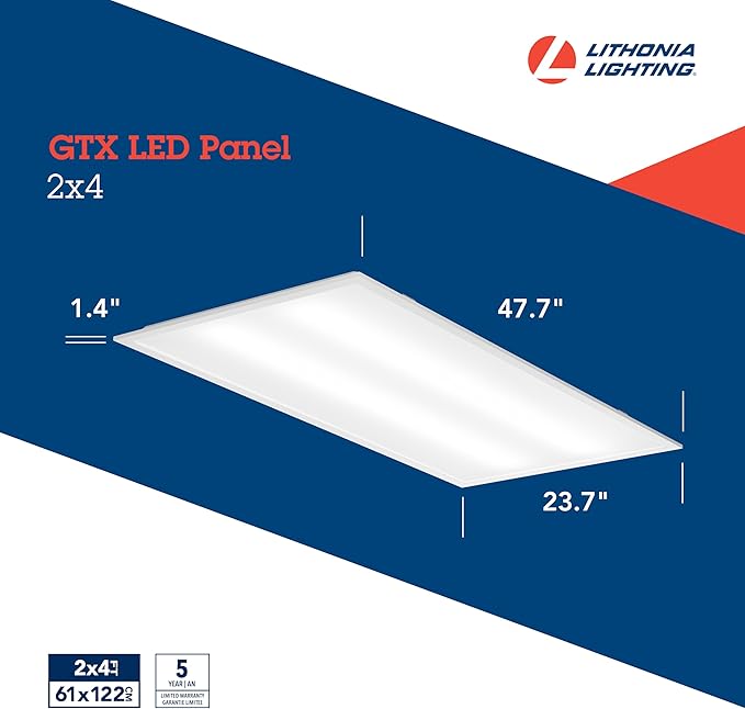 Lithonia Lighting GTX 2x4 LED Flat Panel Light, 2 ft. x 4 ft. LED Light Panel, Ceiling Lighting Fixture for Shop Lighting, Back Lit, 5000 Lumens, 4000K Cool White, A12 Prismatic Lens, White