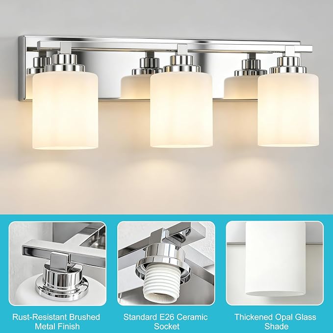 Modern Bathroom Lighting Fixtures Over Mirror, Vanity Lights for Bathroom, Wall Sconces with Milky White Glass Shades, E26 Ceramic Socket, 3-Light 19.7-inch Chrome