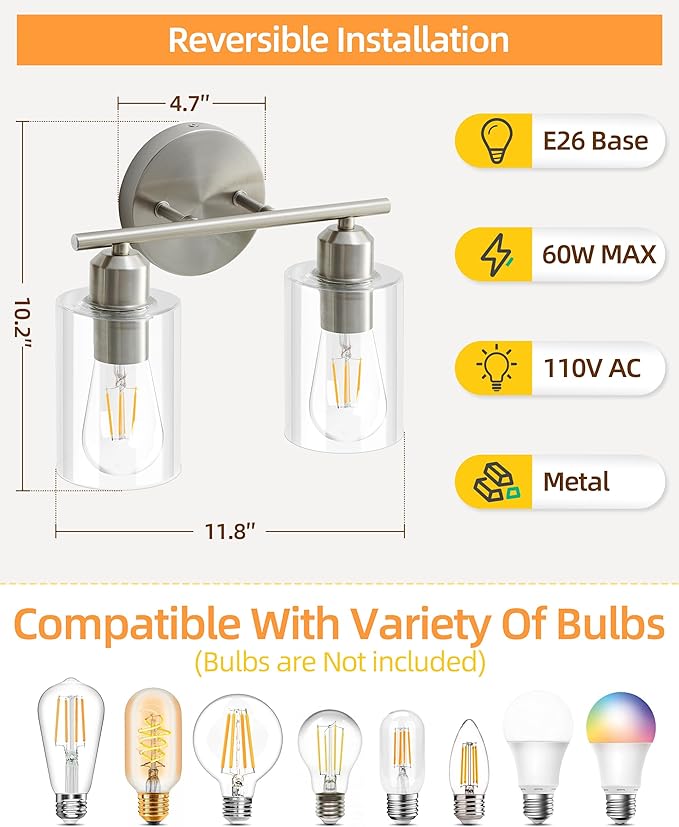 Bathroom Light Fixtures, 2-Light Brushed Nickel Vanity Lights, Modern Bathroom Lighting Fixtures Over Mirror with Clear Glass Shade, Wall Sconce Lighting for Bedroom Living Room