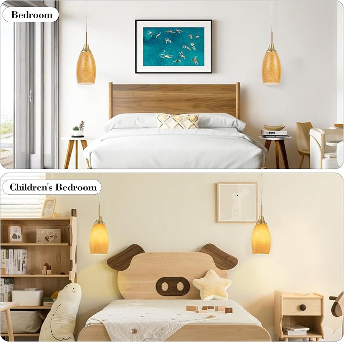 Viinew Mini Glass Pendant Light,3-Pack Walnut Wood Grain Pendant Light | Walnut Wood with Handblown Art Glass Ceiling Light,4.72" Oval Chandelier for Kitchen Island Cafe Hallway