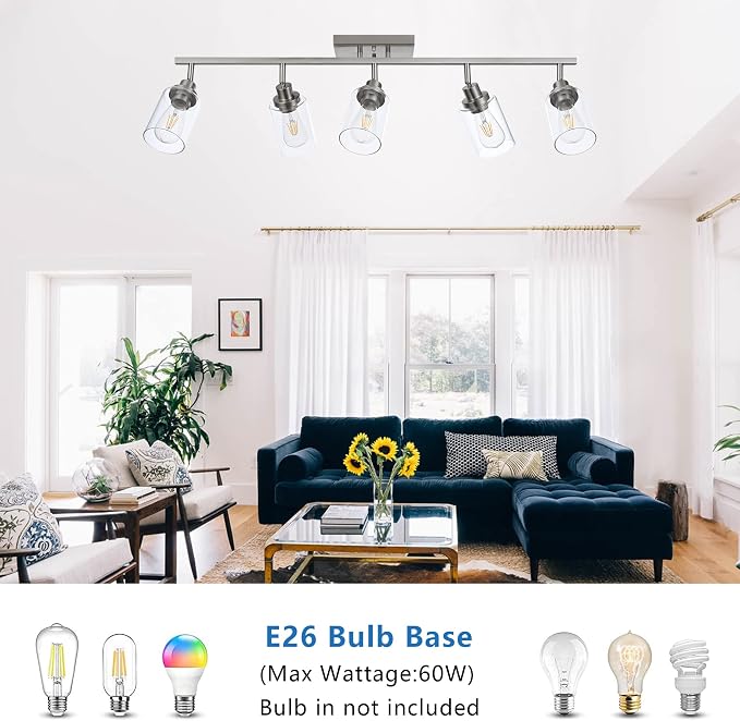MELUCEE 5 Light Multi-Directional Rotating Track Light Kit Brushed Nickel | 37 Inch Bathroom Light Fixtures Ceiling Spotlight Fixture for Kitchen Foyer Bath, Clear Glass Shade