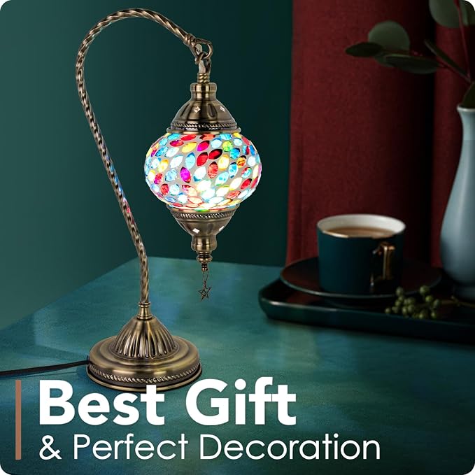 Yarra-Decor Turkish Moroccan Lamp with Bronze Base 3 Color Options Handmade Swan Neck Mosaic Glass Bedside Lamps for Bedroom (LED Bulb Included)(Colorful3)