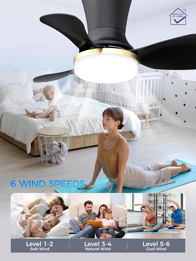 LANMEL Metal Ceiling Fan with Lights and Remote, 22 Inch, Gold & Black | Modern Low Profile Flush Mount, Reversible, 3CCT Dimmable, Quiet, LED, For Bedroom, Living Room, Indoor/Outdoor Patio Use