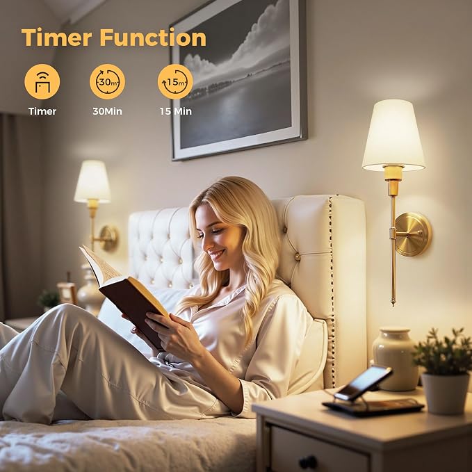 Battery Operated Wall Sconce: Set of 2 Wireless Wall Light 12000mAh | 15 Color Rechargeable Wall Sconces, Sconce Wall Decor Set of 2 for Bedroom, Living Room, Gold 20.7in