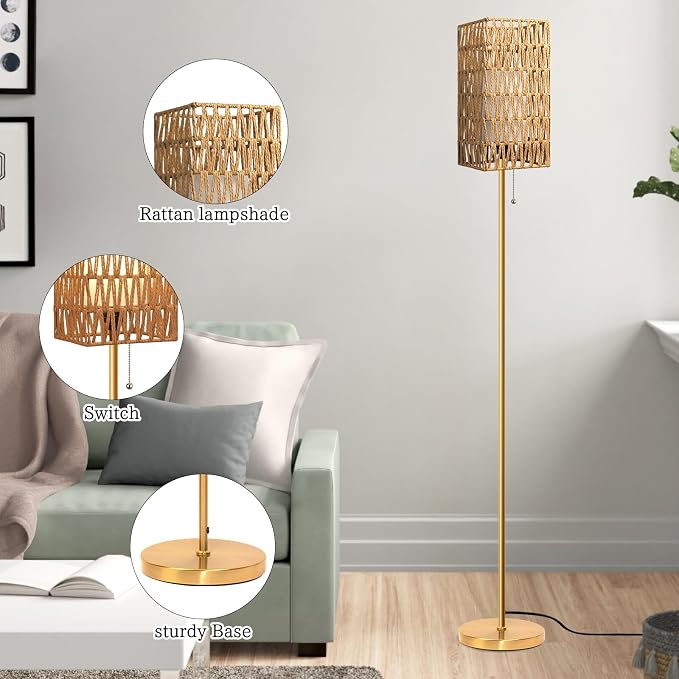 Ruiever Floor Lamp for Living Room,Farmhouse Floor lamp,Modern Standing lamp with Hand-Worked Rattan Shade (Square Rattan Shade Body Gold Color-3 Color Bulb)