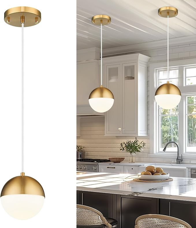 6-inch Brushed Gold Pendant Light Fixtures, Mid Century Pendant Light Fixtures with White Globe Glass, Adjustable Hanging Cord Ceiling Light Fixtures for Dining Room Bathroom, LMS-186BGS