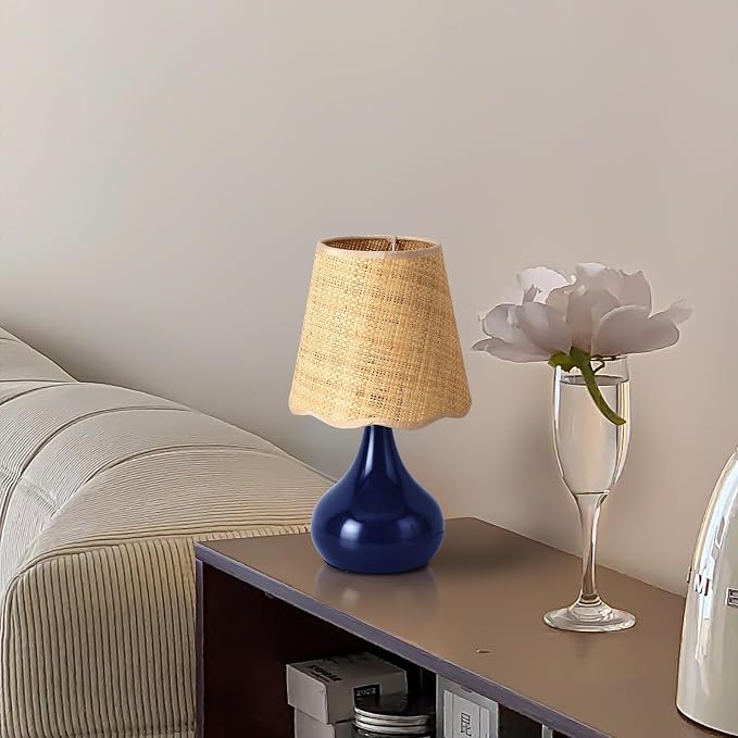 Ziqqeelam Navy Blue Small Table Lamp, Mini Bedroom Lamps for Bedside Nightstand, Rattan Shade Small Table Lamps for Small Spaces for Kitchen Counter, Bookshelf, Home Office, Living Room, Dorm