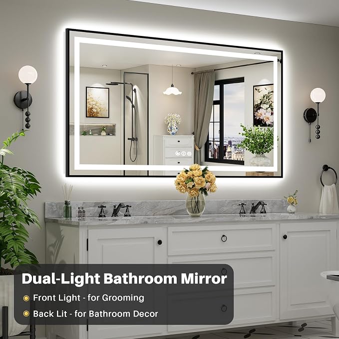 72x40 Inch LED Bathroom Mirror with Black Frame, Backlit & Front Lit | Anti-fog, 3 Color Dimmable, Memory Function, HD Reflection Tempered Glass, ETL Listed, IP54 Waterproof