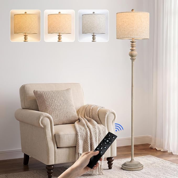 BOBOMOMO 64.25" Farmhouse Floor Lamp with Remote, Dimmable Floor Lamp with Adjustable Color Temperatures, Antique Gray Standing Floor Lamp for Living Room Corner, Bedroom & Nursery, 9W Bulb Included