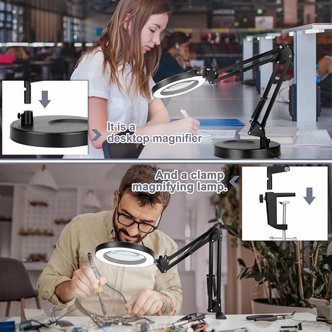 12X Magnifying Glass with Light, Krstlv Upgrade Button 5 Color Modes Stepless Dimmable 2-in-1 LED Lighted Desk Lamp & Clamp, Hands Free Magnifier with Light and Stand for Craft Hobby Repair Close Work