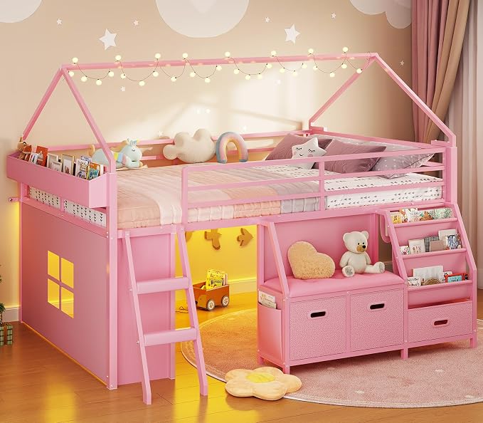 ADORNEVE Low Loft Bed Full Size with Bookshelf, Reading Nook & 3 Drawers | Pink Kids Loft Bed, LED Light, Storage Drawers, Under-Bed Play Space,Safety Guardrail, Inclined Ladde, Play Curtain