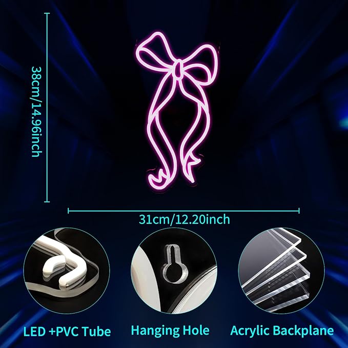 Bow Neon Sign - JGHTURIE Neon Signs for Wall Decor, Pink Bow Ribbon Light up Signs for Room, Bar, Party, Home Decor, Led Sign - USB Powered