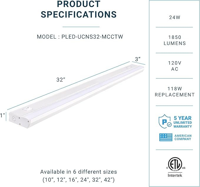 PARMIDA LED Under Cabinet Lighting, Hardwired Installation, 32 Inch, 24W, 5CCT Color Selectable - 2700K/3000K/4000K/5000K/6000K, ETL Listed, 120V, Dimmable, 1850 Lumens, White Finish