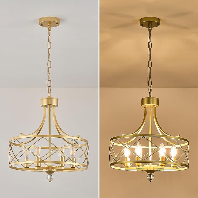 6-Light Chandelier,17.5in Gold Metal Farmhouse Lantern Pendant Light Fixture,Adjustable Hanging Ceiling Lamp,for Kitchen Island,Bedroom,Entryway,Dining Room