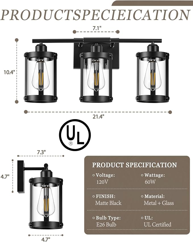 3-Light Black Bathroom Light Fixtures, 21 Inch Modern Bathroom Vanity Lighting Fixtures Over Mirror with Clear Glass and Metal Cage Wall Sconce Lights for Bath, E26, OS-3014BK-3W