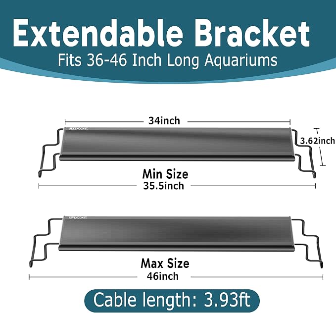 24/7 LED Aquarium Light with Remote for 36-46 Inch Plant & Fish Tank IP68, 12-Color & Gradient & Full Spectrum Light with Timer, Auto On/Off, Brightness, Extendable Brackets for Freshwater
