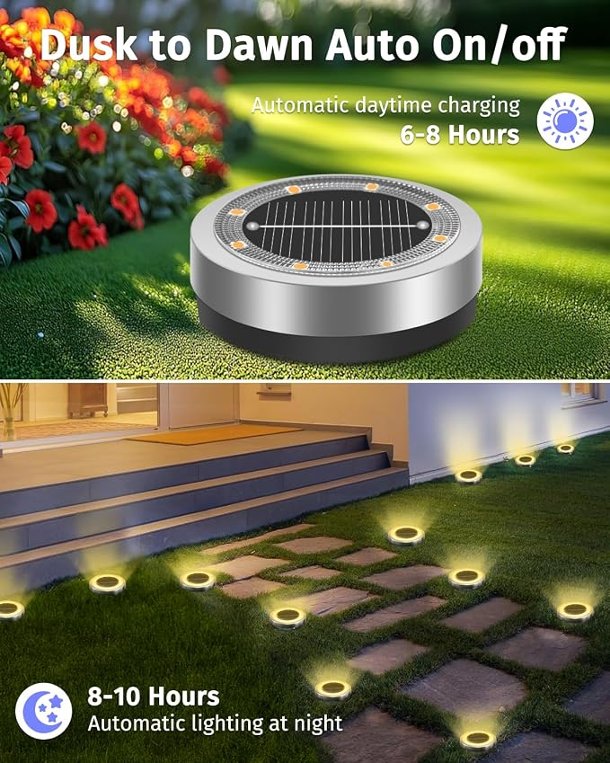 Mini Solar Ground Lights Outdoor 32 Pack Waterproof Upgraded Anti-Rust Solar Flat Garden Lights Stainless Steel Solor Powered Disc Landscape Light for Pathway Walkway Yard Lawn Patio-Warm White