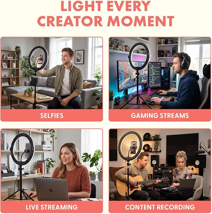 11’’ LED 12W Selfie Ring Light with Wired Control, 3 Color Modes, 10 Brightness Levels, Tripod Stand with 6 Sections, Phone Holder, Adjustable Brightness Levels for Influencers, YouTube, TikTok