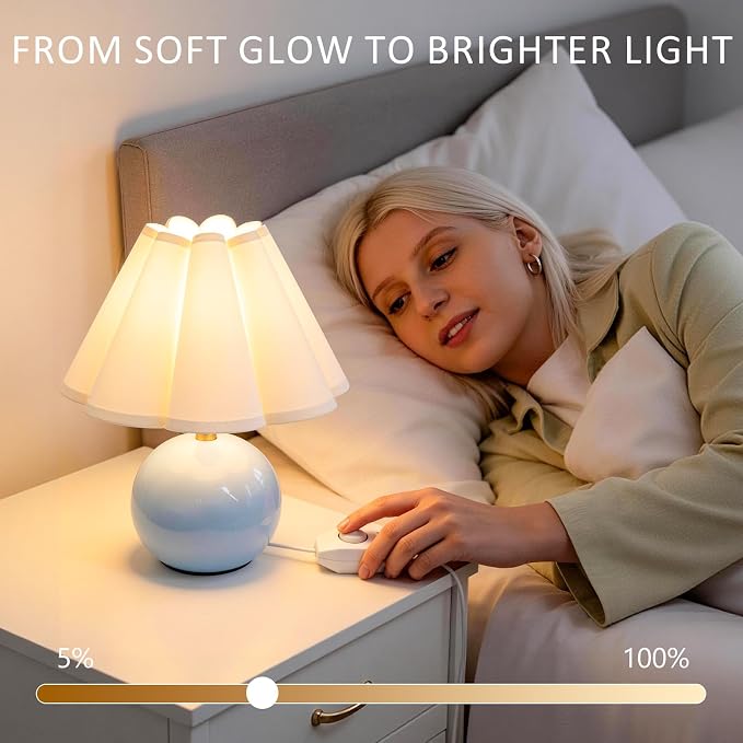 Small Bedside Table Lamp, 11.8'' Ceramic Stepless Dimmable Lamp (Blue) | with scalloped fabric shade for nightstand & living room. Perfect for quiet nights to create a cozy, relaxing atmosphere