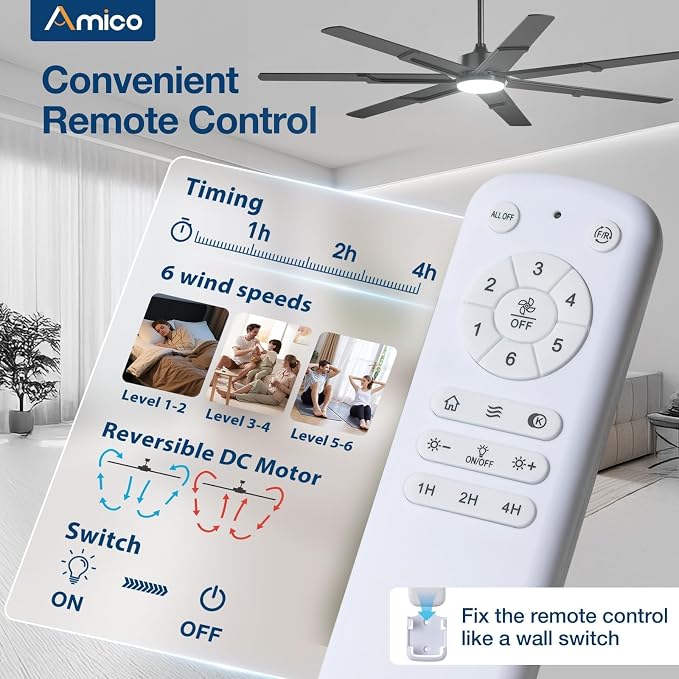 Amico 66 Inch Ceiling Fans with Lights and Remote, Black | 6 Speed Reversible DC Motor, 3CCT, Dimmable, Quiet, Timer, Large Modern Ceiling Fan for Living room, Indoor/Outdoor