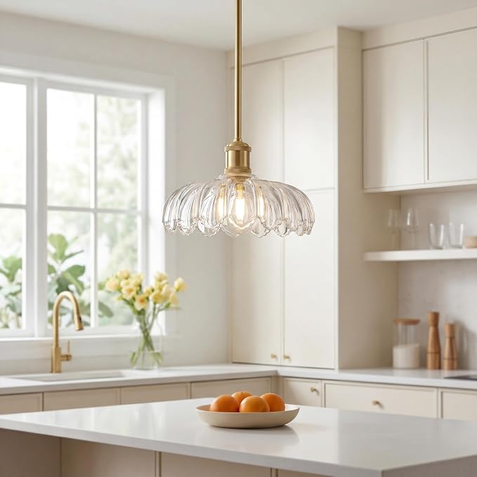 FEMILA Vintage Gold Flower Glass Pendant Light for Kitchen Island | 10.4" floral glass hanging light fixtures, adjustable height up to 51.8", E26 base, flat, sloped or vaulted ceiling mount