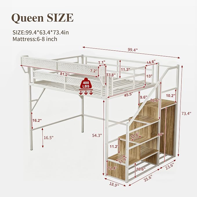 Queen Size Metal Loft Bed with Reversible Stairs and LED & USB Port | Storage Shelf, Reversible Storage Stairs with Wardrobe, LED Lights,USB Charging Port,Noise-Free Design, Large Under Bed