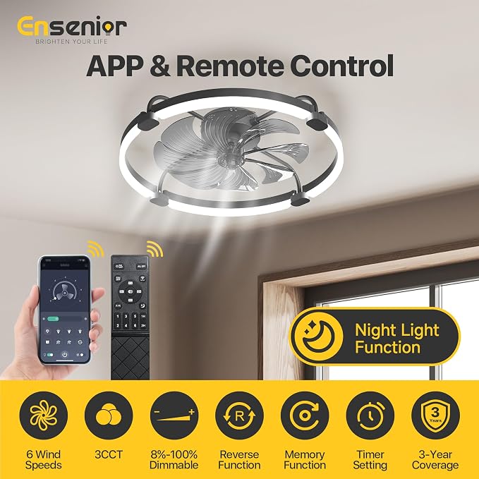 Ensenior 24 Inch Flush Mount Ceiling Fans with Lights, APP Control, Black | Quiet Reversible Motor, Night Light Mode, 6 Speeds, 3CCT, Dimmable, Low Profile, Remote, Memory Function, Timer, Bedroom