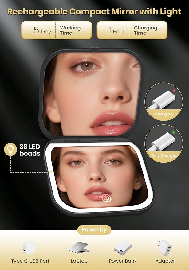 Magnifying Mirror with Light, Rechargeable 40X Compact Mirror with 3 Lighting Modes & Dimmable Brightness, Portable Travel Makeup Mirror with Light, Essentials for Travel, Pocket Purse Black