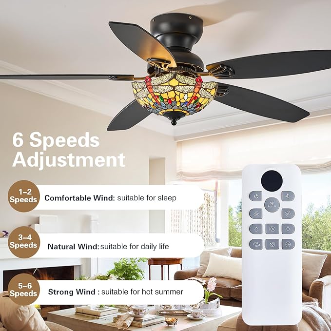 Tiffany Ceiling Fans with Lights-48"Ceiling Fan Chandelier and Glass Shade | 48" Ceiling Fan Chandelier with 5 Dual-Blades and Glass Shade, 6 Speeds and Reversible, Indoor and Outdoor, Retro Style