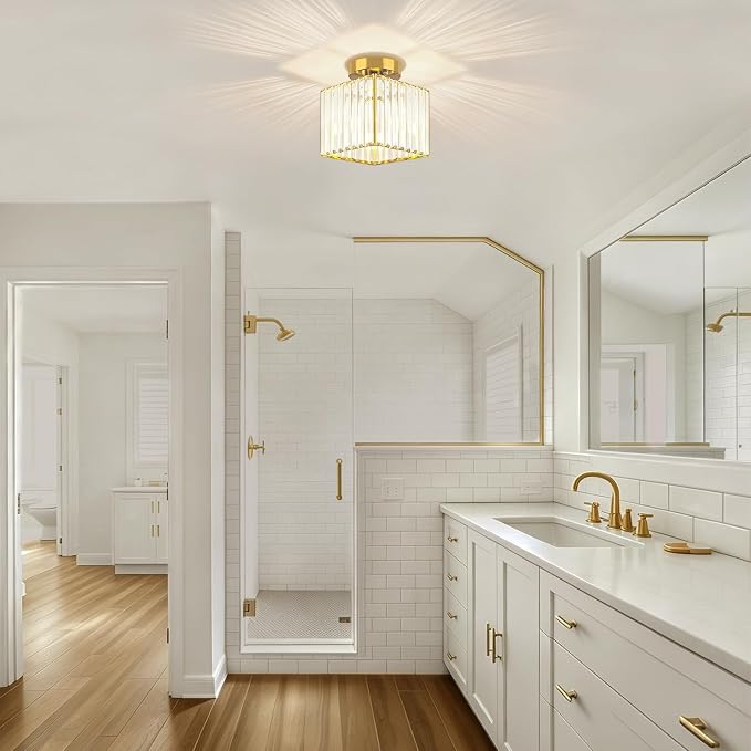 Modern Brushed Gold Hallway Entryway Light Fixtures Crystal Ceiling Lamp | 2-Pack, 7.24 Inch, E26 Dimmable, Bathroom Bedroom Semi Flush Mount Ceiling Light, Kitchen Dining Room Foyer Light Fixtures