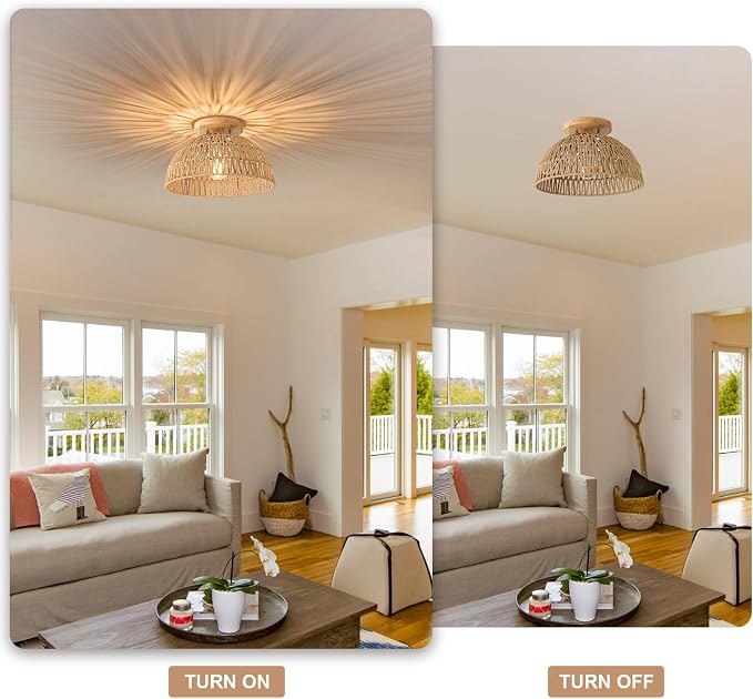 13 Inch Rattan Flush Mount Ceiling Lights Farmhouse Boho Ceiling Light Fixtures Rustic Wicker Hand Woven Rope Cage for Dining Room Kitchen Bedroom Foyer Hallway Entryway 2 Packs