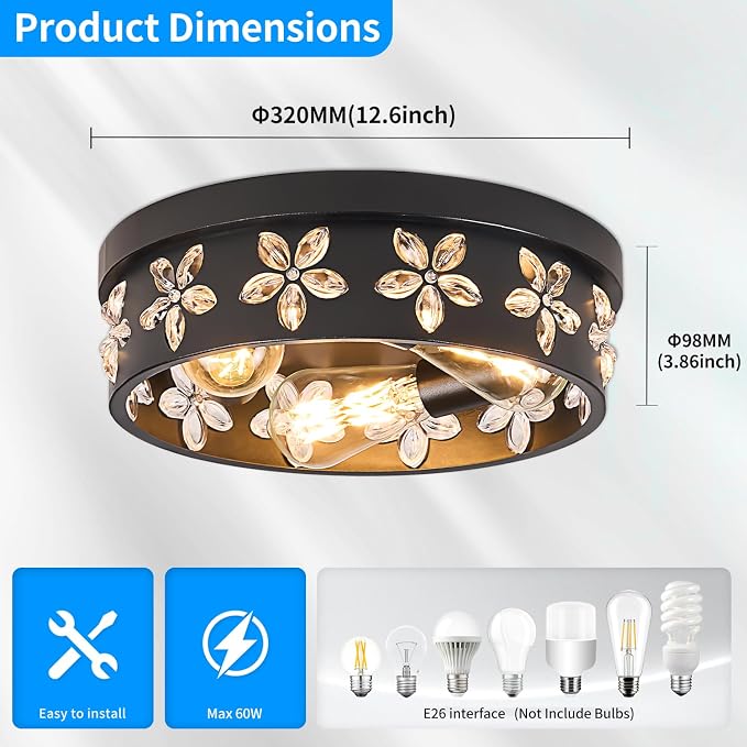 12.6 inch Black Flush Mount Ceiling Light Fixture | 3-Light, Industrial, Farmhouse, Bedroom, Living Room, Kitchen, Hallway, Foyer