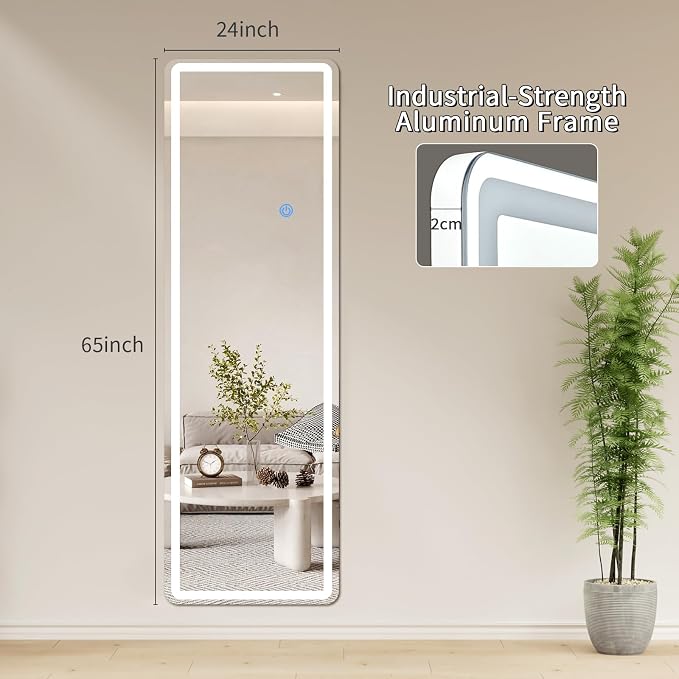 Koonmi Full Length Mirror with LED Lights, 65"x24" Lighted Mirror with Dimming & 3 Color Lighting, Big Mirror for Bedroom, Dressing Room, Rectangle,White