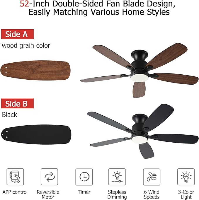52inch Low Profile Ceiling Fan with Light and Remote/APP Control,Reversible DC Motor,Noiseless,Dimmable,Modern Flush Mount Ceiling Fan for Bedroom,Indoor/Outdoor Use(Brown)